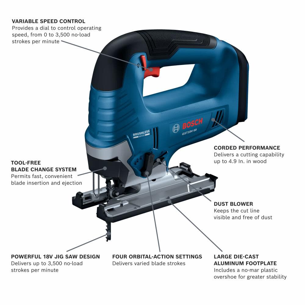 Bosch 18V Top Handle Jig Saw (Bare Tool) GST18V-50N from Bosch Acme Tools