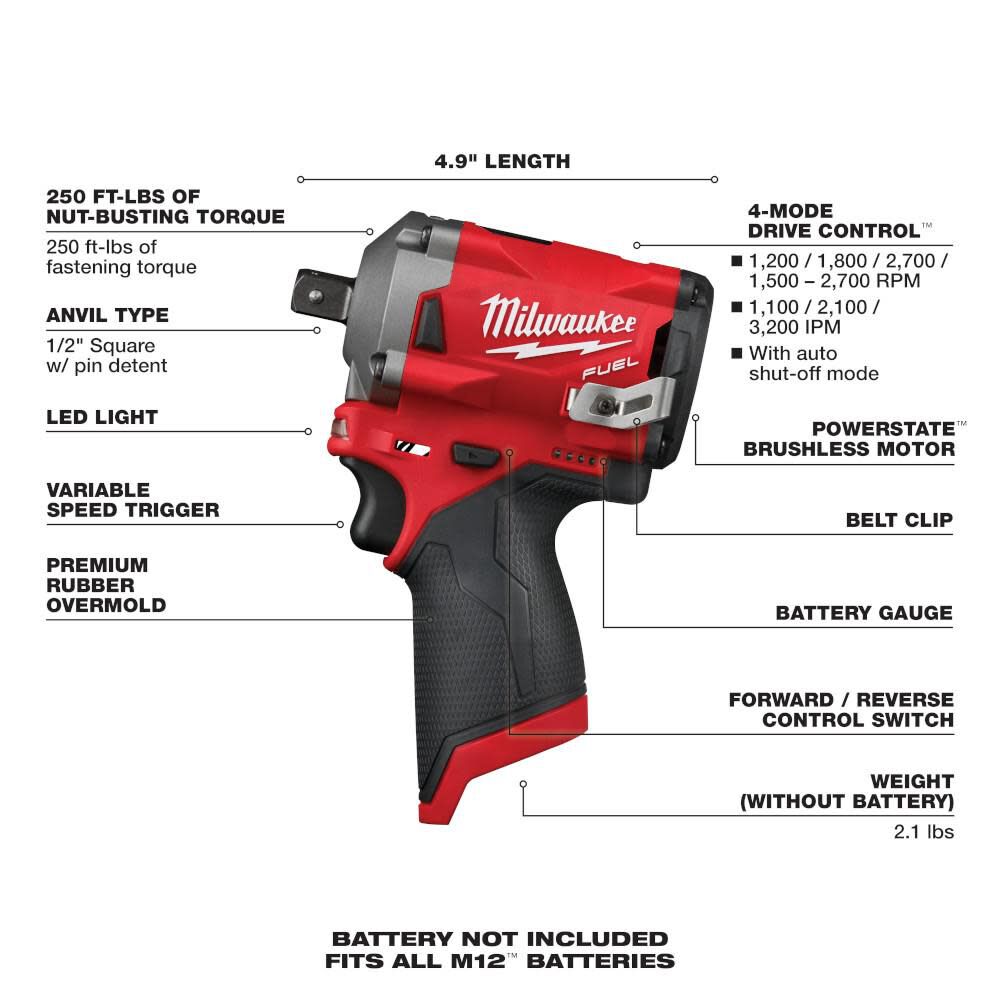 Milwaukee M12 FUEL Stubby 1/2 in. Pin Impact Wrench (Bare Tool