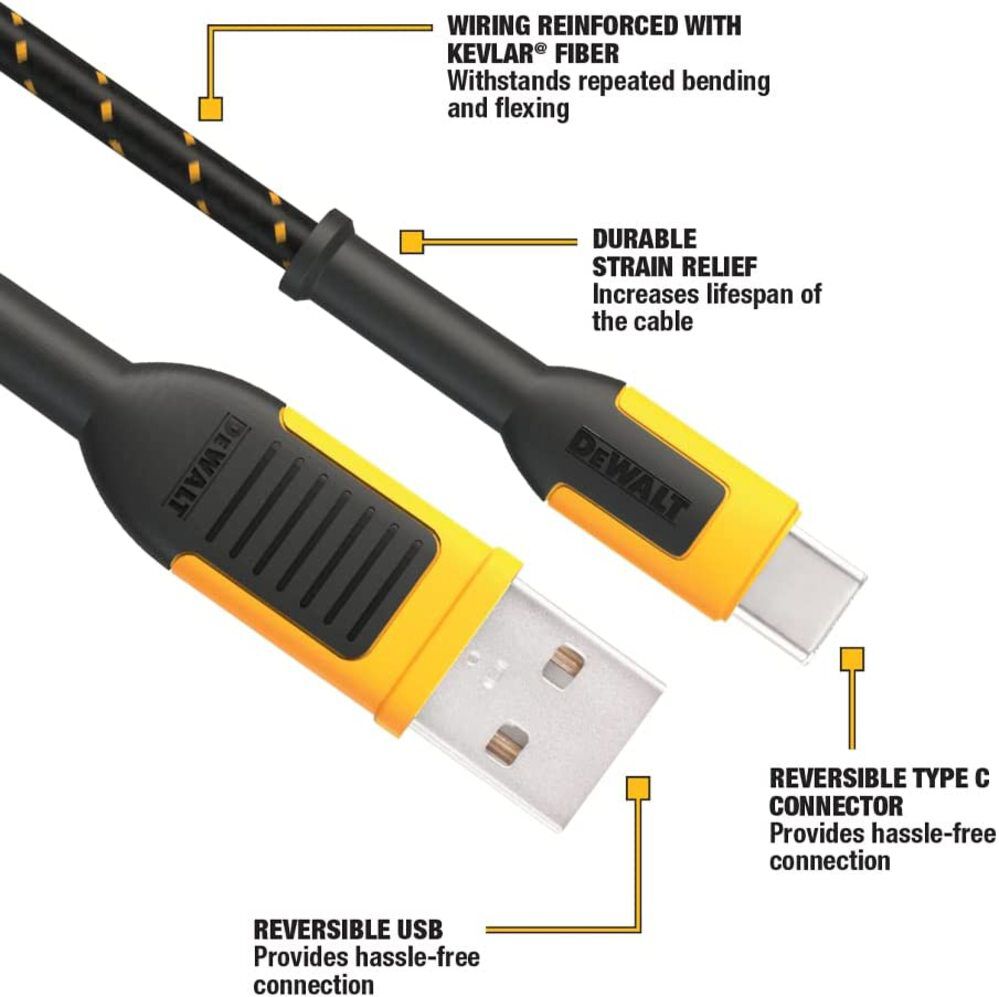 DEWALT Phone Charger USB-A to USB-C Reinforced Braided Cord 4' 131 1361 ...