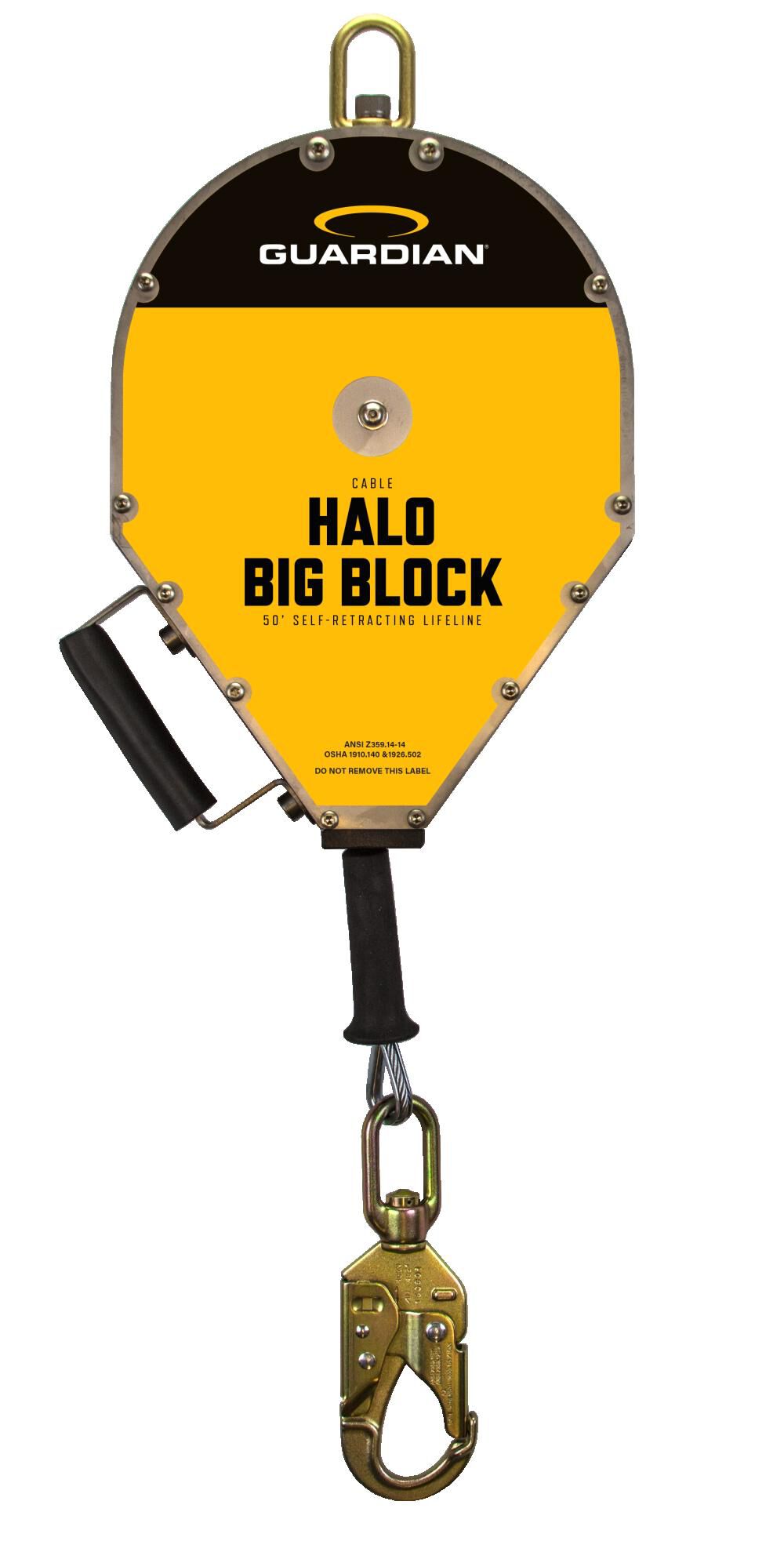 Guardian Fall Protection Class 1, 65 ft Halo Big Block Cable SRL with Steel  Snap Hook 10918 from Guardian Fall Protection Acme Tools