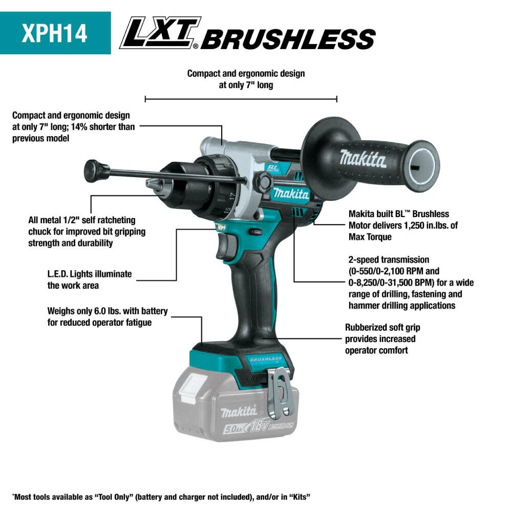 Makita XPH14Z 18V LXT® Lithium-Ion Brushless Cordless 1/2 Hammer  Driver-Drill, Tool Only 