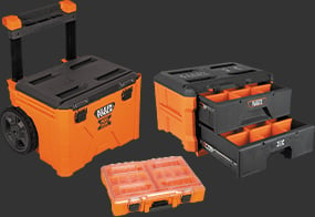 Klein Tools MODbox Rolling Toolbox, MODbox Tall Compenent Box, Full Width, and MODbox Two Drawer Toolbox